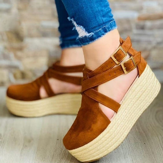 Tan Brown Suede Cross Strap Espadrille Platform Sandals for Women | Double Buckle Ankle Strap Wedge Flatform Sandals | Boho Rope Sole Summer Sandals | Casual Chic Platform Wedge Shoes