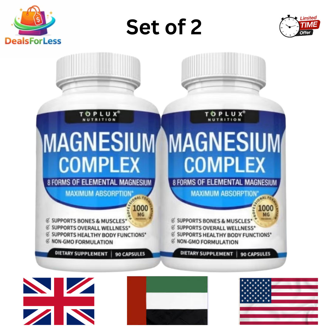 Toplux Nutrition Magnesium Complex 1000mg Set of 2 | 90 Capsules | 8 Forms of Elemental Magnesium Maximum Absorption Non-GMO Supplement