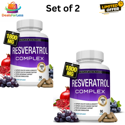 Toplux Nutrition Resveratrol Complex 1800mg Set of 2 | 2x90 Capsules Anti-Aging Antioxidant Immune Support Non-GMO