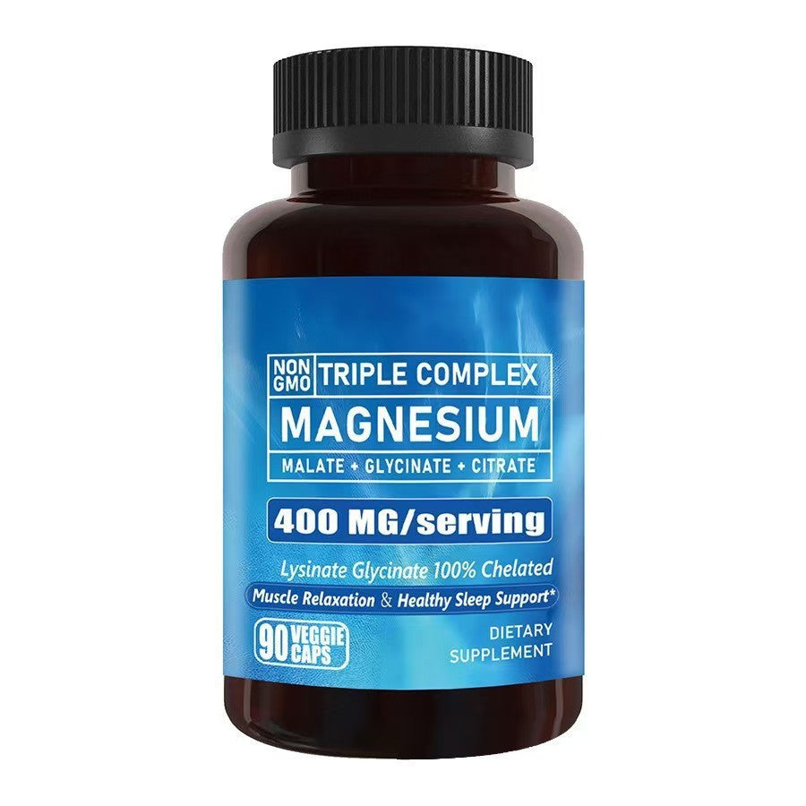 Triple Complex Magnesium Glycinate Malate Citrate 400mg | 90 Veggie Caps Non-GMO Chelated Supplement for Sleep, Muscle Relaxation & Stress Relief