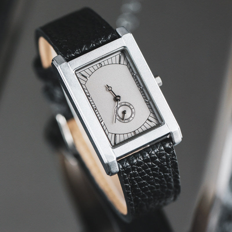 Vintage Rectangular Dress Watch | Minimalist Silver Dial Sub-Seconds | Black Leather Strap