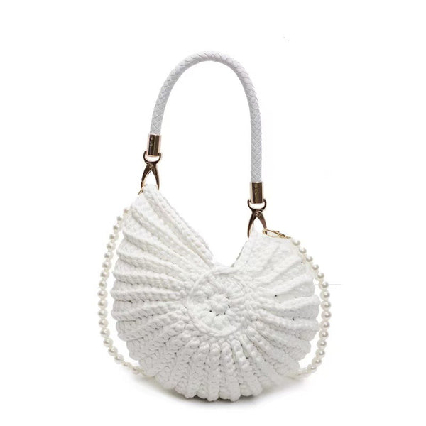 White Crochet Shell Bag | Pearl Chain Strap Handbag Woven Shoulder Purse for Women