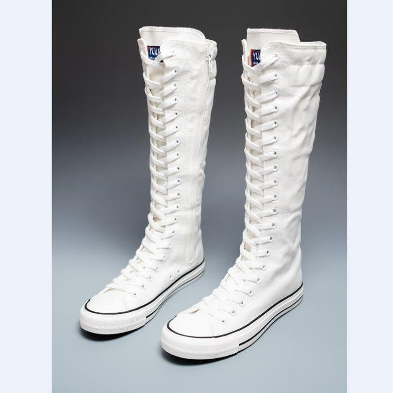 White Knee High Canvas Lace Up Boots | Tall Sneaker Boots with Side Zipper | Women's Punk Streetwear High Top Shoes | EMO Rock Style Footwear