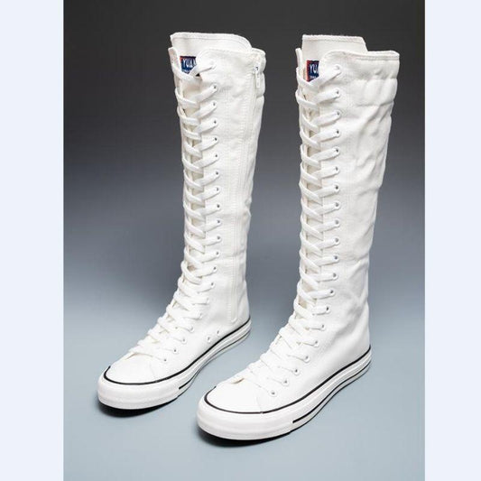 White Knee High Canvas Lace Up Boots | Tall Sneaker Boots with Side Zipper | Women's Punk Streetwear High Top Shoes | EMO Rock Style Footwear