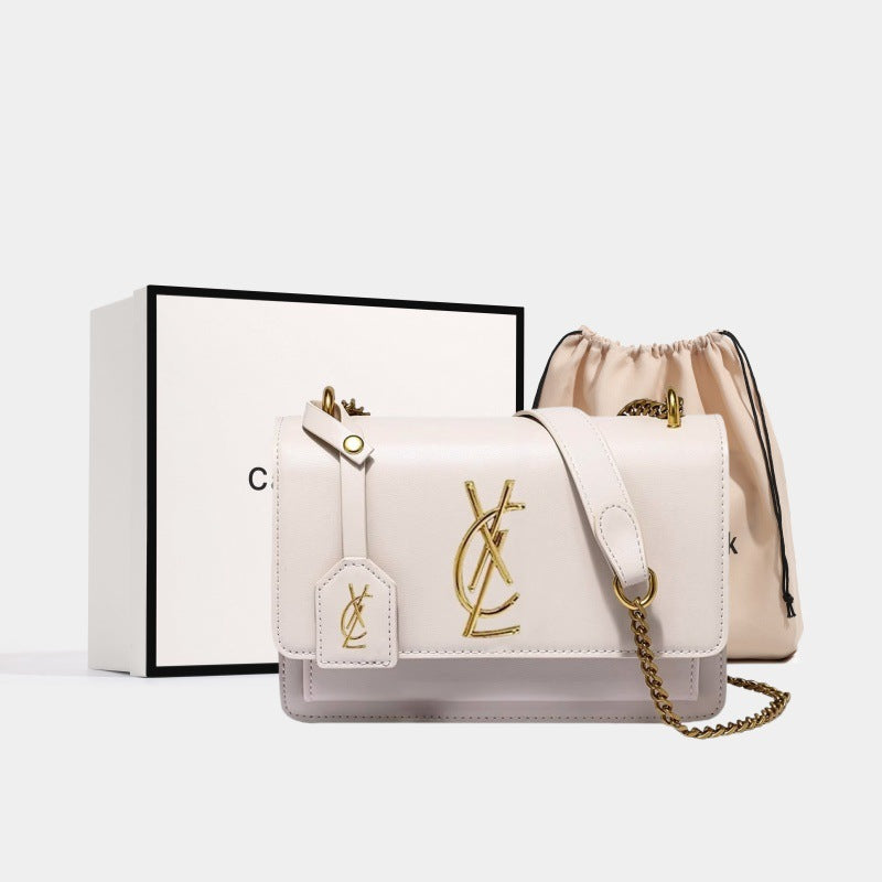 White Leather Crossbody Bag - Designer Inspired Flap Bag with Gold Logo Hardware | Chain Strap Shoulder Bag with Dust Bag