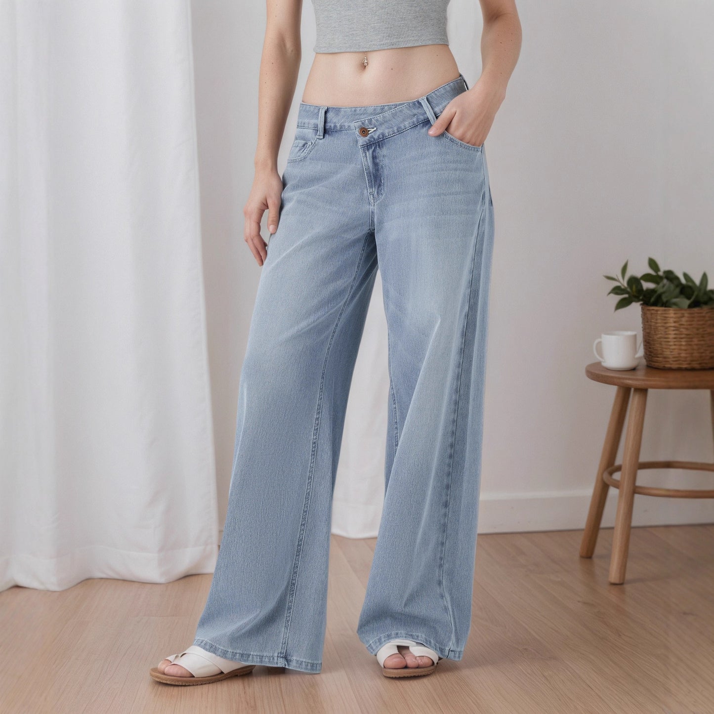 Wide Leg Low Rise Light Wash Jeans Women | V-Cut Waistband Baggy Denim Pants