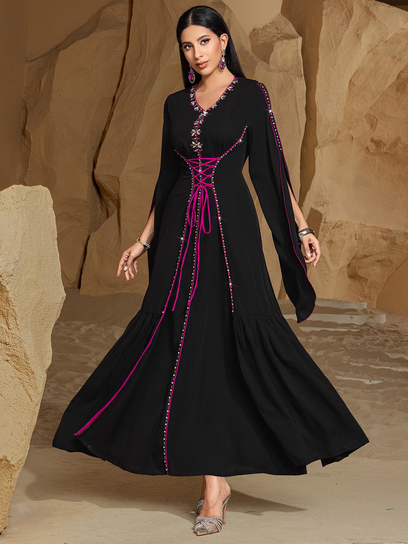 Women's Black Abaya Maxi Dress | Fuchsia Lace-Up Corset Rhinestone Embellished Flare Sleeve Elegant Evening Gown