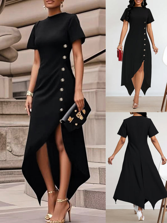 Women's Black Asymmetric Hem Midi Dress - Short Sleeve Round Neck Gold Button Detail Irregular Hem Dress - Elegant Bodycon Cocktail Dress for Office, Party & Special Occasions