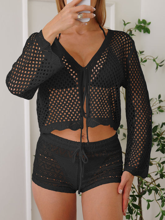 Women's Black Crochet Knit Two Piece Set - Long Sleeve Tie Front Crop Top & Drawstring Shorts - Hollow Out Mesh Swimsuit Cover Up Co-ord Set for Beach, Pool & Summer