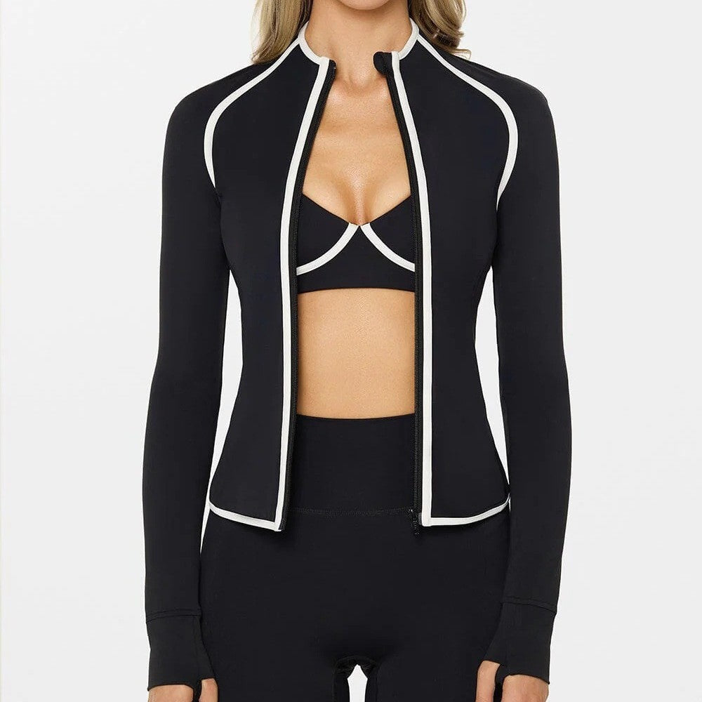 Women's Black Fitted Zip-Up Athletic Jacket ? White Contrast Trim Activewear Track Jacket with Thumbholes | Gym, Yoga & Running