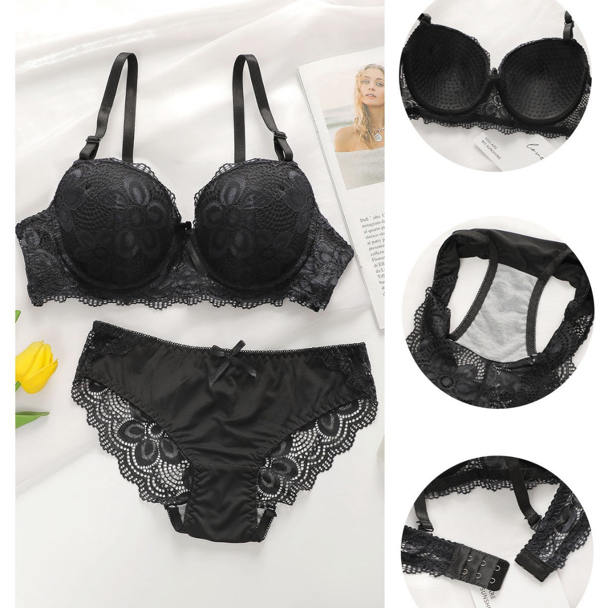 Women's Black Floral Lace Push-Up Bra & Panty Set | Padded Underwire Bralette with Matching Bikini Brief | Elegant Everyday Lingerie Set