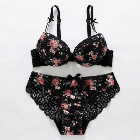 Women's Black Floral Rose Print Push-Up Bra & Panty Set ? Sexy 2-Piece Lace Trim Matching Lingerie Set