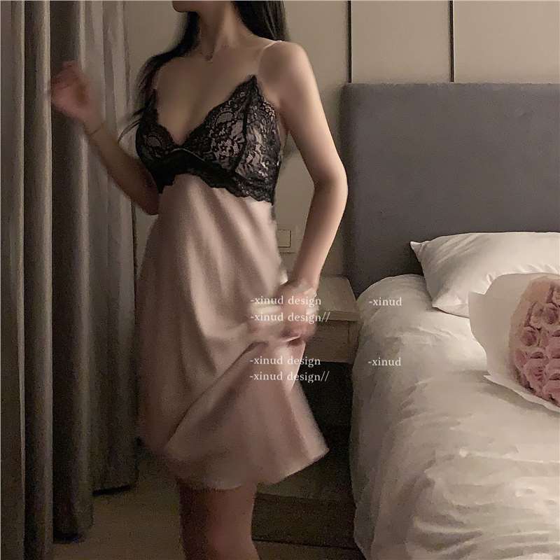 Women's Black Lace Nude Pink Satin Contrast Slip Nightgown Sexy Deep V Neck Flared A-Line Mini Sleep Dress Chemise