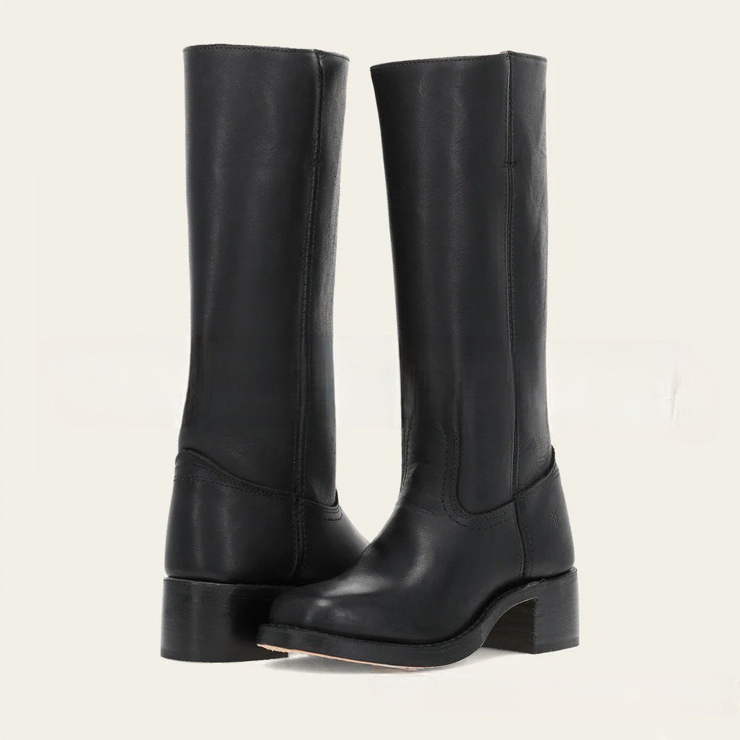 Women's Black Leather Knee High Riding Boots - Tall Pull On Western Boot with Block Heel & Square Toe - Classic Equestrian Style Boots for Fall Winter - Premium Smooth Leather