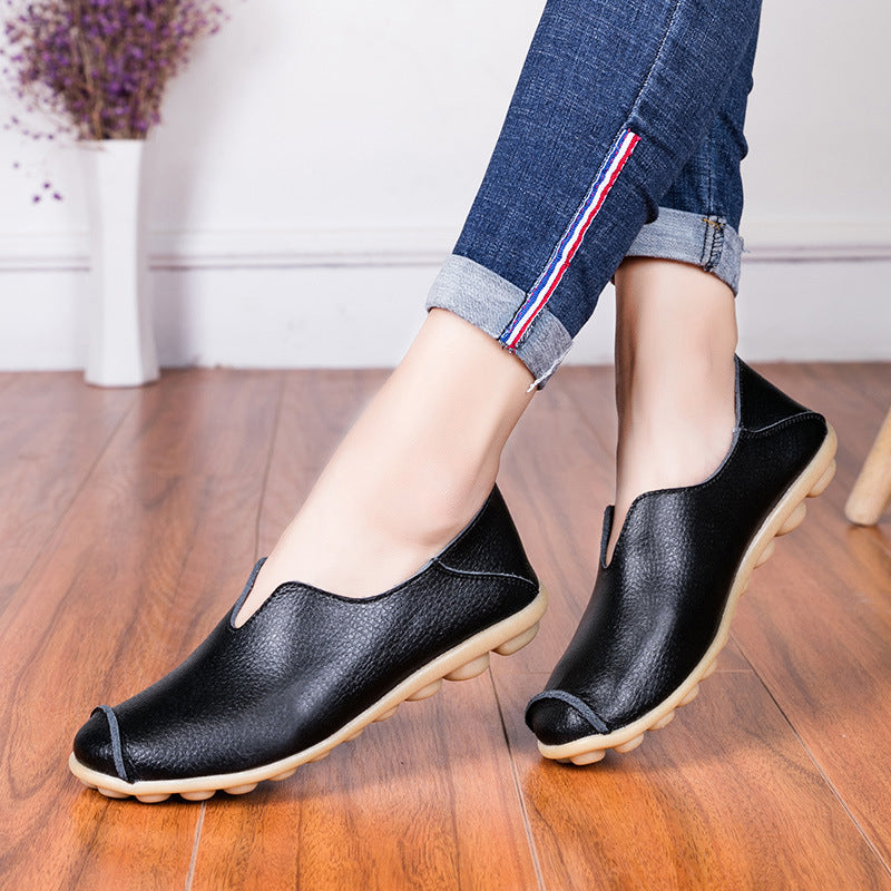 Women's Black Leather Slip-On Loafers ? Casual Comfort Flat Shoes with Non-Slip Sole