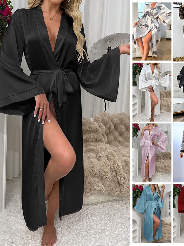 Women's Black Satin Maxi Robe with Belt Sexy Deep V Neck Flared Sleeve Floor Length Dressing Gown Kimono Sleepwear