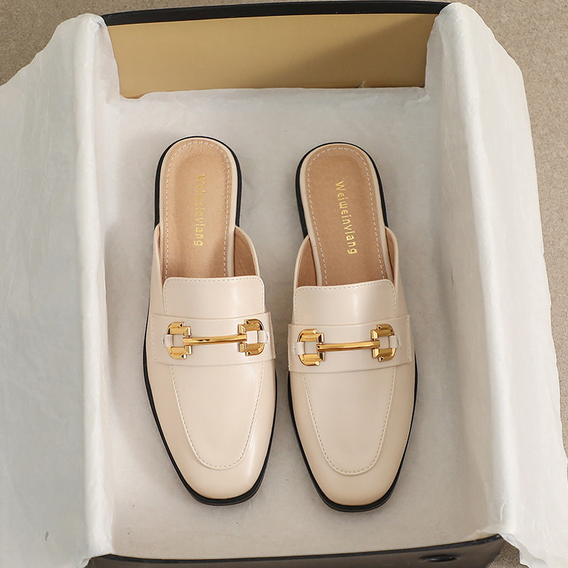Women's Cream Leather Mule Loafers with Gold Chain Buckle ? Elegant Slip-On Backless Flat Shoes