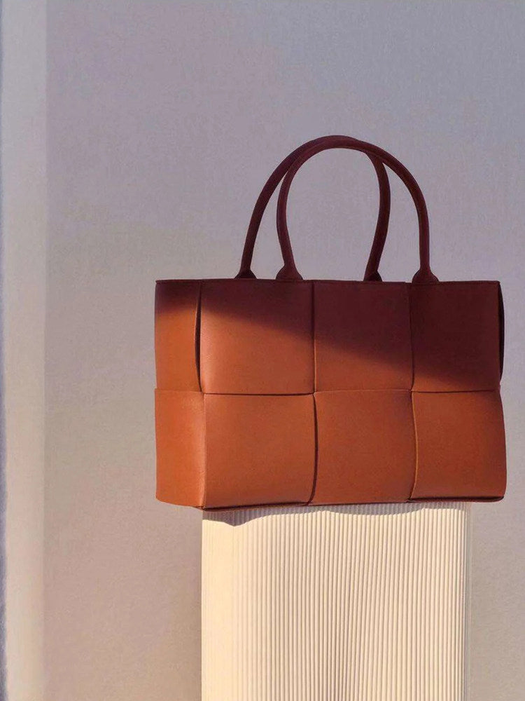 Women's Genuine Leather Woven Tote Bag - Large Intrecciato Weave Handbag in Tan Cognac Brown - Luxury Structured Top Handle Shopper Bag - Designer Inspired Everyday Work Bag