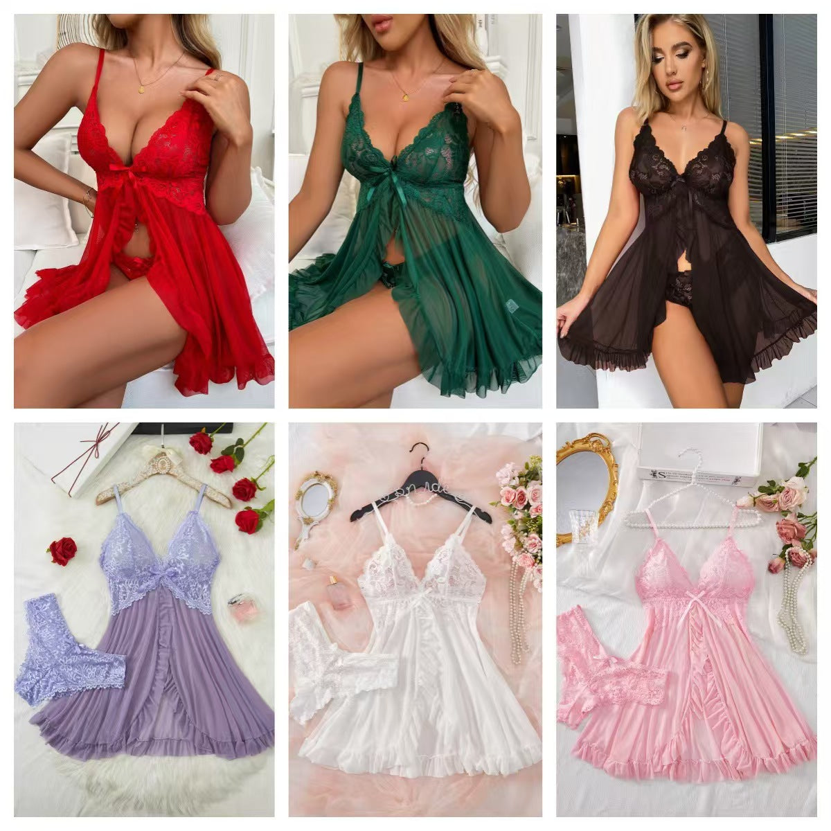 Women's Lace Babydoll Lingerie Dress Sexy Deep V Bow Front Sheer Mesh Mini Chemise Sleepwear 6 Colors