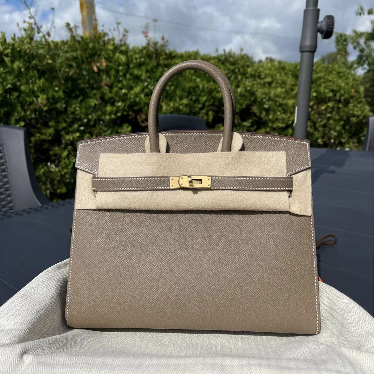 Women's Luxury Structured Leather Tote Bag | Taupe Grey Gold Hardware Top Handle Handbag | Designer Style Purse