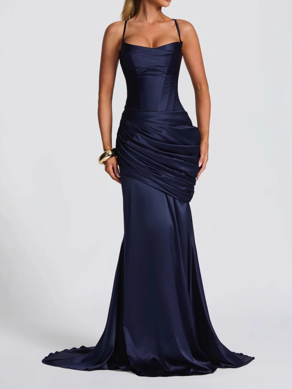 Women's Navy Blue Satin Mermaid Maxi Dress | Ruched Detail | Spaghetti Straps | Formal Evening Gown