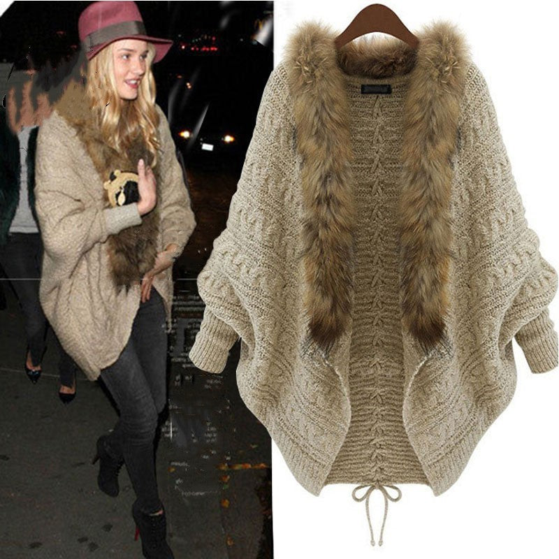 Women's Oversized Cable Knit Cardigan with Faux Fur Collar - Batwing Sleeve Open Front Drawstring Waist Sweater Coat - Cozy Winter Wrap Cardigan in Beige Camel
