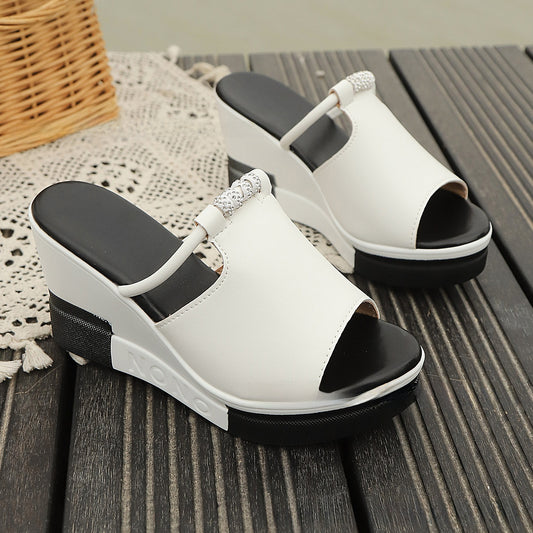 Women's Platform Wedge Mule Sandals - Open Toe Slip-On Slides with Rhinestone Detail | Casual & Dressy Summer Shoes