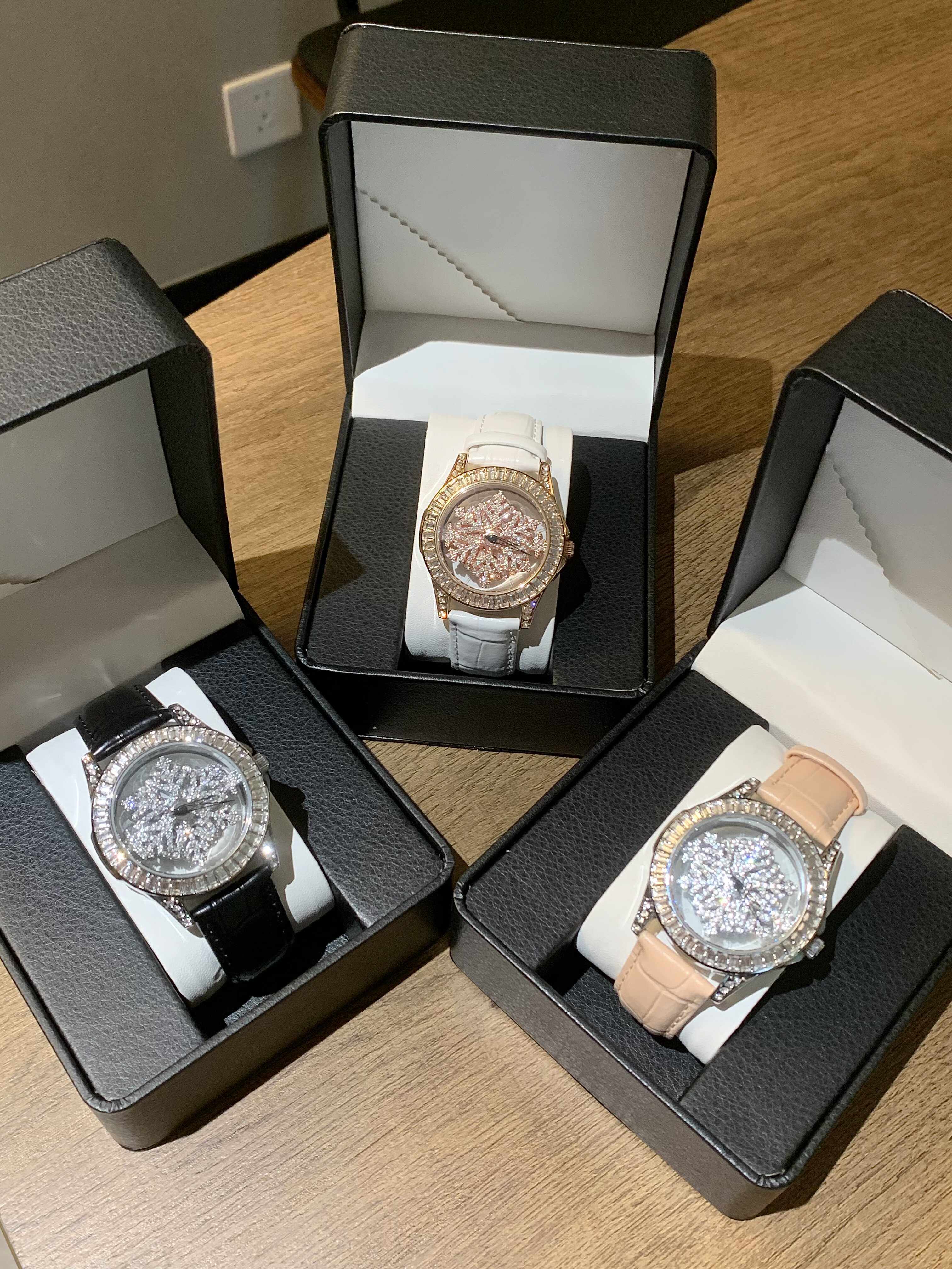 Women's Rose Gold Crystal Spinner Watch | Baguette Diamond Bezel | Rotating Flower Dial | White Crocodile Leather Strap | Ladies Luxury Bling Watch