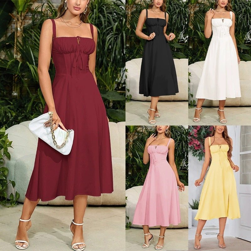 Women's Ruched Tie-Front Midi Dress | Spaghetti Strap A-Line Swing Dress | Elegant Summer Party Dress | Multiple Colors