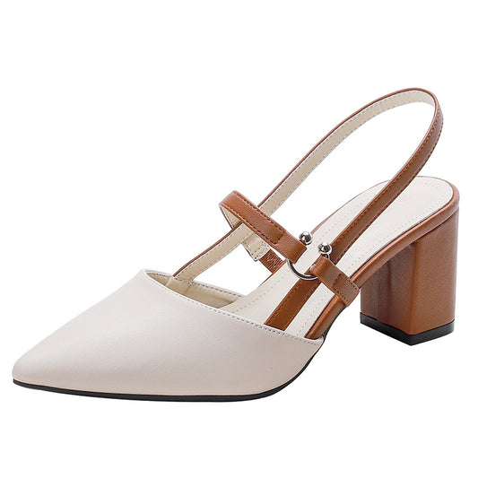 Women's Two-Tone Pointed Toe Block Heel Slingback Pumps | Beige & Brown Buckle Strap Mid Heel Dress Shoes ? Elegant Office & Party Heels
