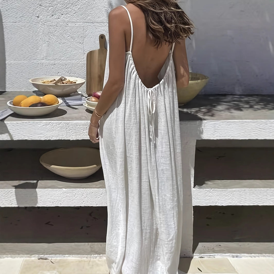 Women's White Open Back Tie Maxi Dress Spaghetti Strap Flowy Loose Beach Sundress Boho Summer Vacation Dress