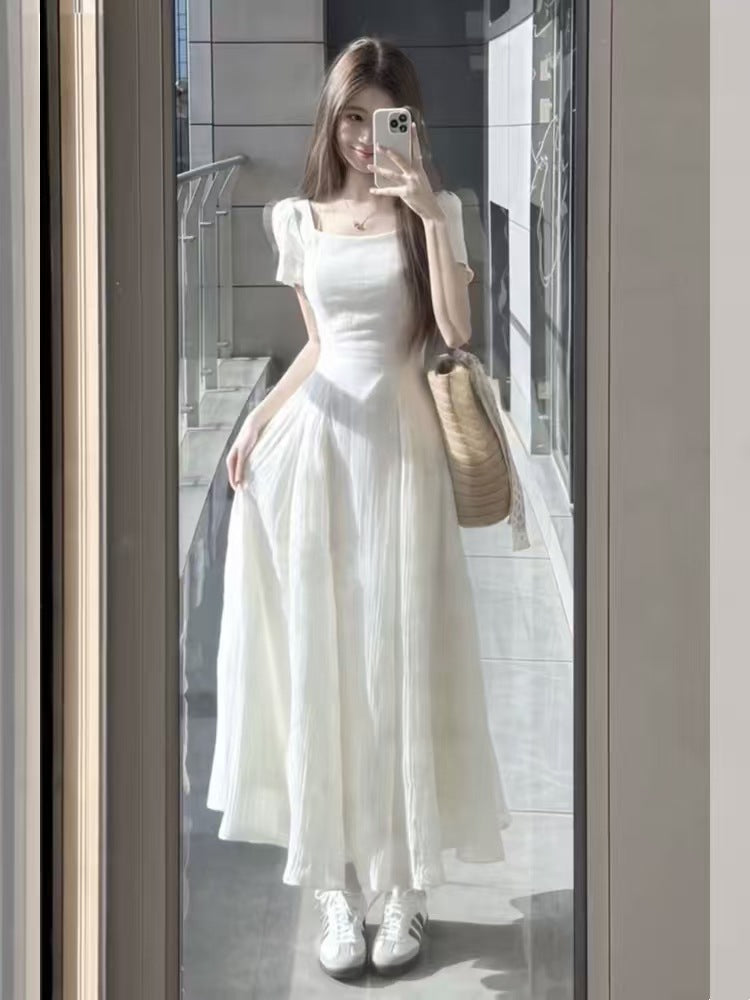 Women's White Square Neck Puff Sleeve Maxi Dress - Elegant A-Line Pleated Long Dress with Cinched Waist - Romantic Fairy Dress for Summer, Beach, Vacation & Everyday Wear
