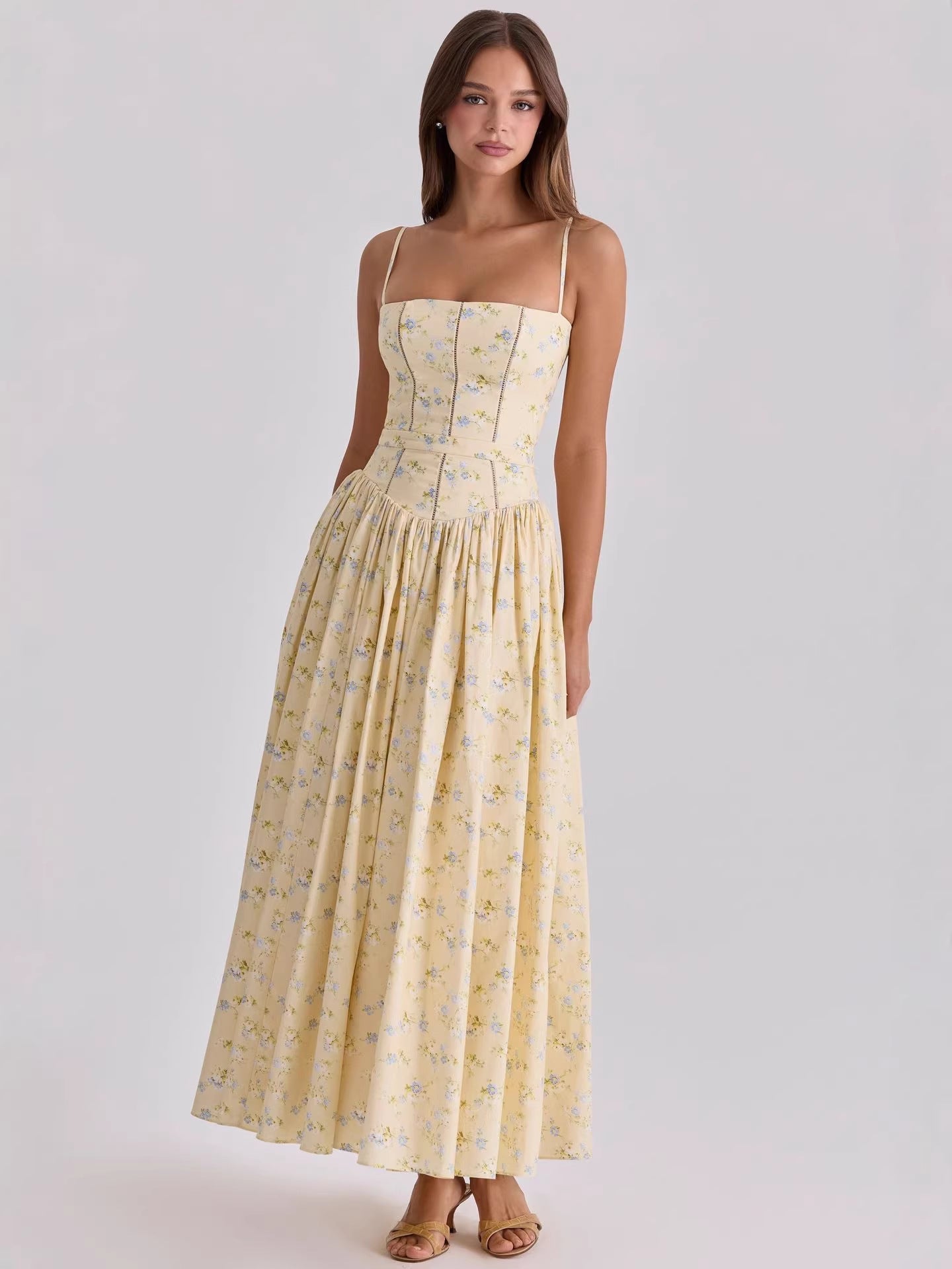 Women's Yellow Floral Corset Maxi Dress - Spaghetti Strap Bustier Bodice with Gathered Full Skirt - Ditsy Floral Print Cottagecore Summer Dress for Wedding Guest, Garden Party & Vacation