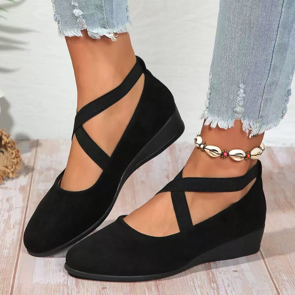 Womens Black Suede Wedge Shoes Cross Elastic Ankle Strap Closed Toe Low Heel Comfortable Slip On Pumps for Casual Office and Formal Wear