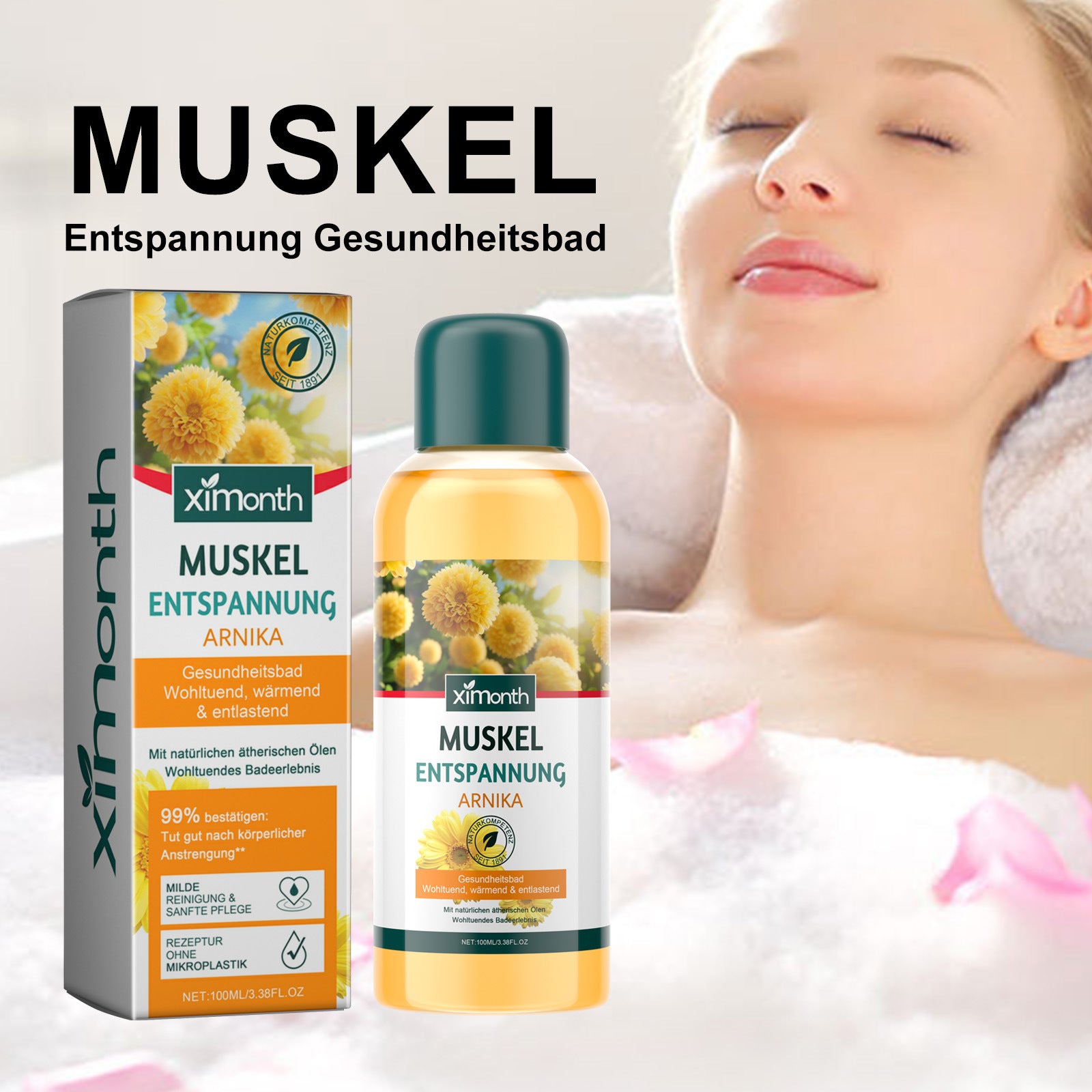 Ximonth Arnica Muscle Relaxation Bath Oil 100ml - Warming Soothing Health Bath with Natural Essential Oils - Microplastic Free Formula for Post-Workout Recovery & Muscle Relief