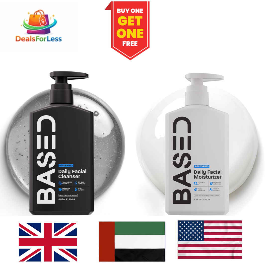 Two bottles of BASED daily facial cleanser and moisturizer with promotional text and flags.