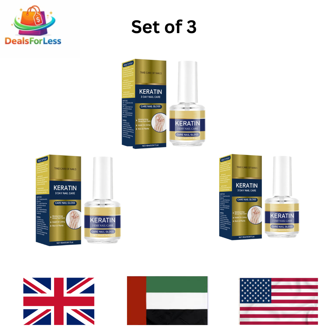 Keratin 3 Day Nail Care Gloss Set of 3 | Moisturizing Glossy Nail Treatment | Plant-Based Instant Shine Nail Strengthener 16ml x3