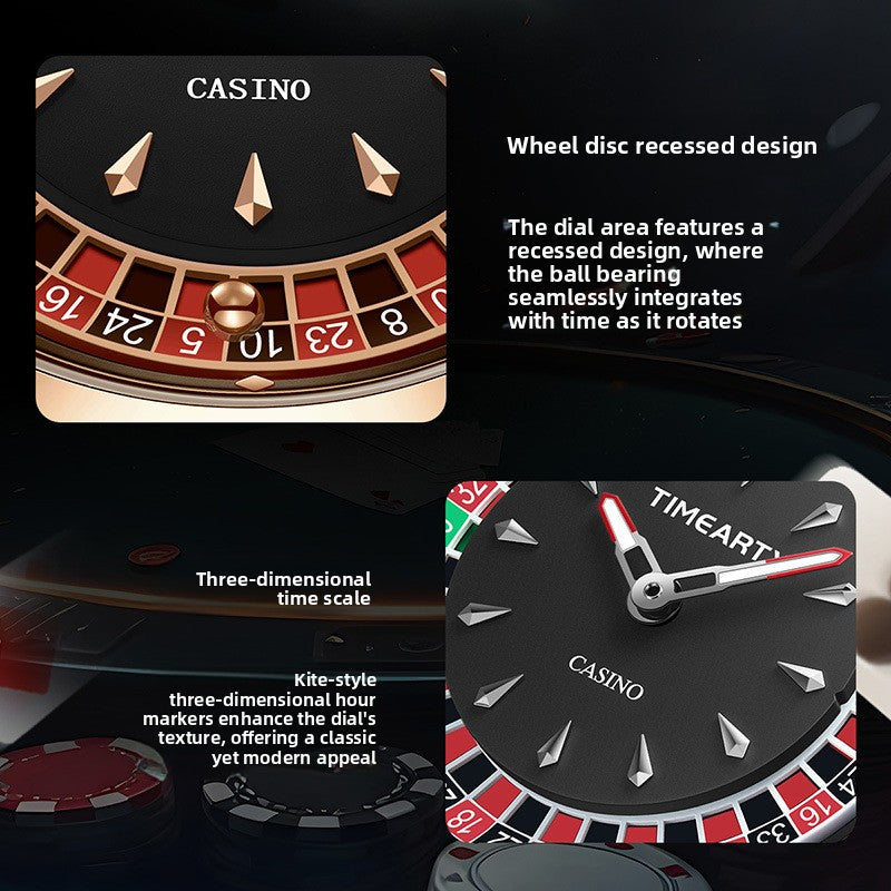 Timeartx Casino Roulette Wheel Watch | Rose Gold & Black Leather Quartz Watch for Men | Unique Novelty Dress Watch Gift