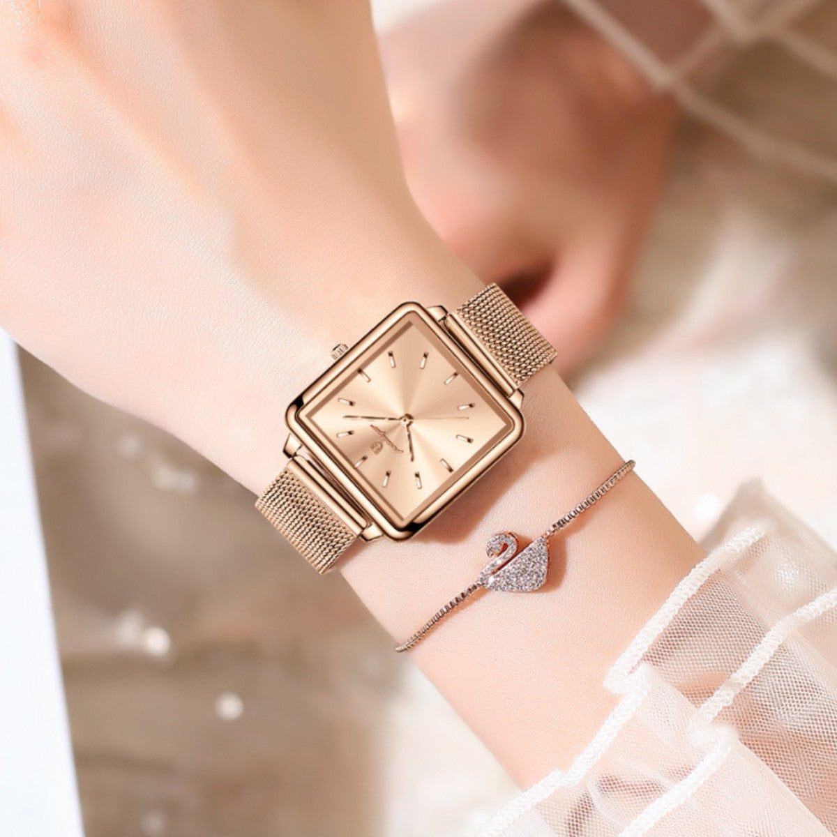 Poedagar Women's Rose Gold Square Watch | Sunburst Dial Mesh Strap Minimalist All Rose Gold Quartz Watch