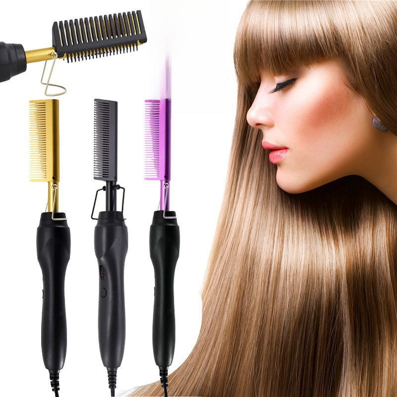 Gold Electric Hot Comb Press | Black Gold Straightening Pressing Comb with Protective Guard | US EU UK AU Plug Universal Voltage Hair Press Comb for Men & Women