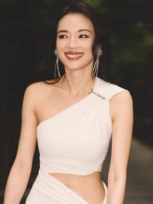 White One Shoulder Crop Top & High Slit Maxi Skirt Set | Elegant Cutout Two Piece Dress | Luxury Resort Evening Outfit Women