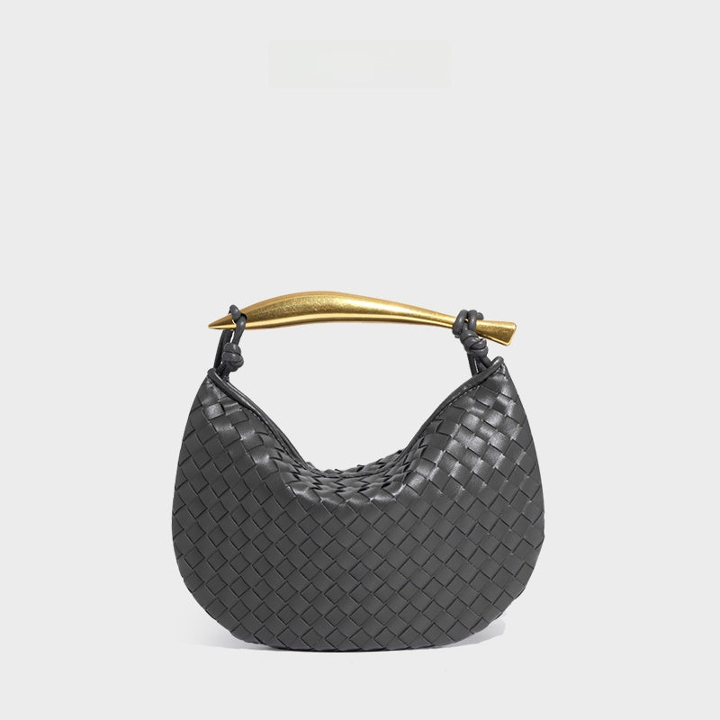 Burgundy Woven Leather Hobo Bag with Gold Handle | Intrecciato Crescent Shoulder Bag