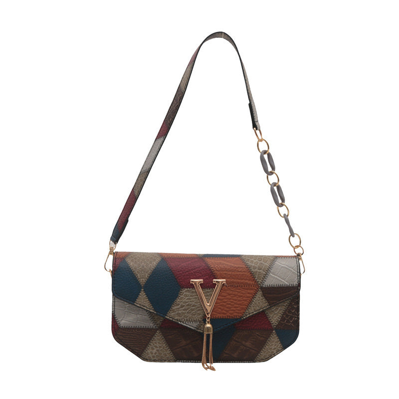 White Leather Shoulder Bag with V Logo - Envelope Flap Crossbody with Chain & Tassel Detail | Designer Inspired Handbag