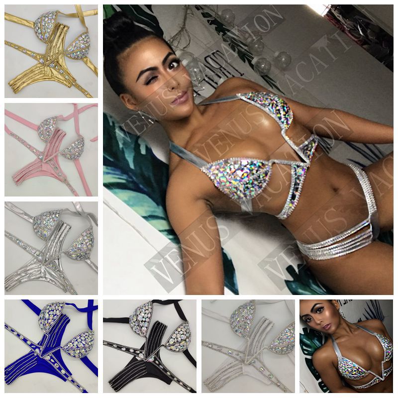 Crystal Rhinestone Bikini Set, AB Stone Competition Swimwear, Luxury Halter Bling Bikini, Women Figure Bodybuilding Suit, Royal Blue & Pink Pageant Swimsuit