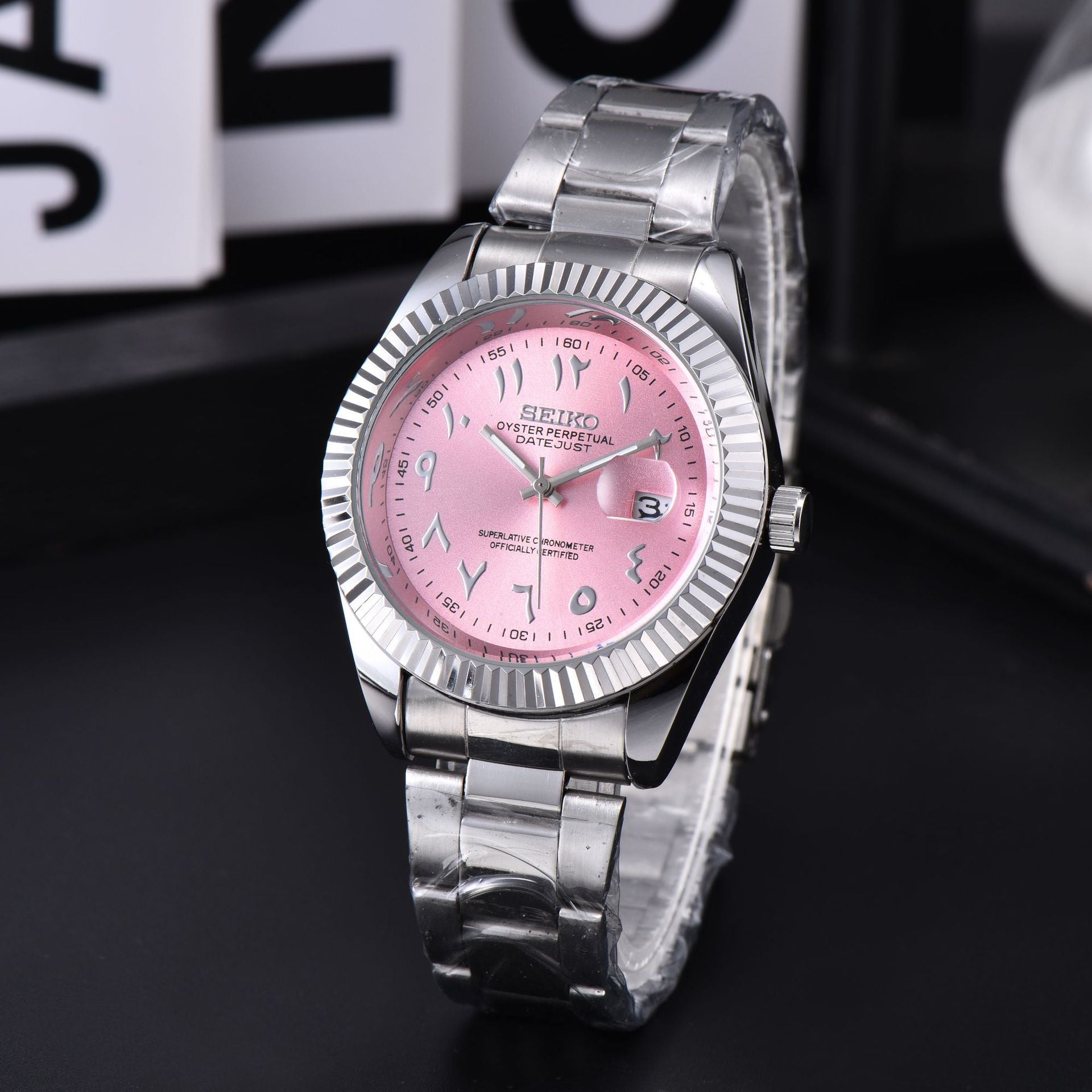 Men's Silver Luxury Dress Watch | Fluted Bezel Arabic Numeral Black Dial Jubilee Bracelet Date Watch