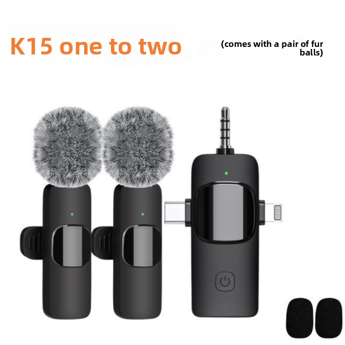 K15 Wireless Lavalier Microphone 1-to-2 | Dual Clip-On Mic for iPhone Android & Camera | USB Type-C Lightning 3.5mm Vlogging Mic