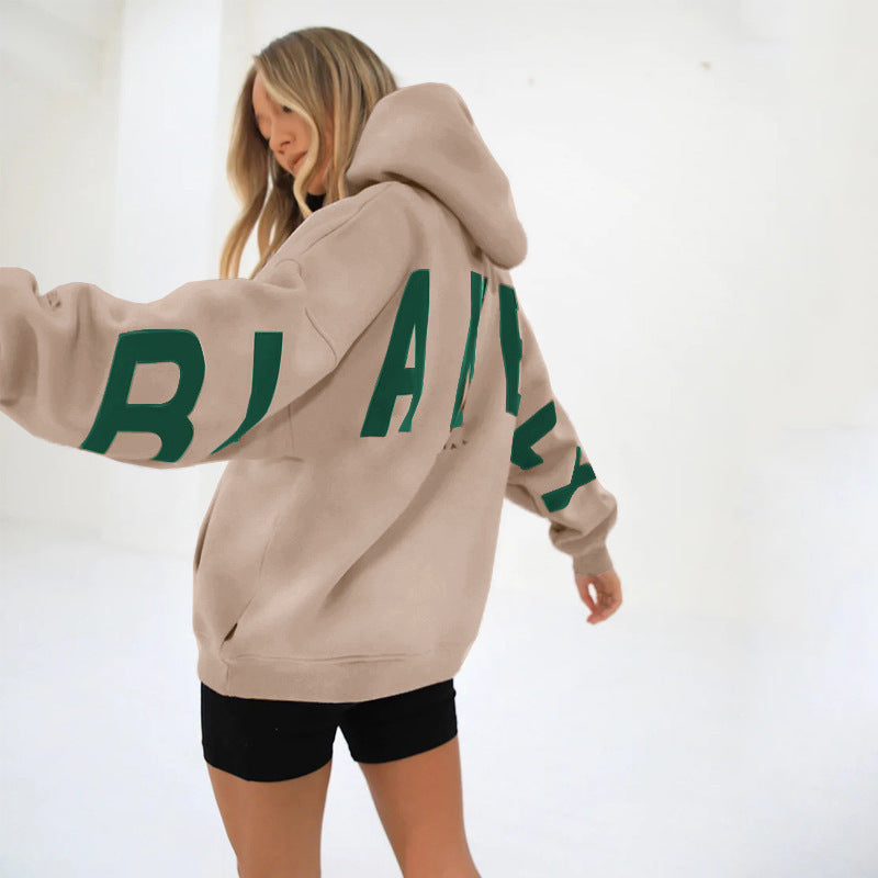 Blakey Originals Oversized Hoodie | Camel Tan Letter Print Pullover | Women's Streetwear Fleece Sweatshirt | Casual Aesthetic Fashion