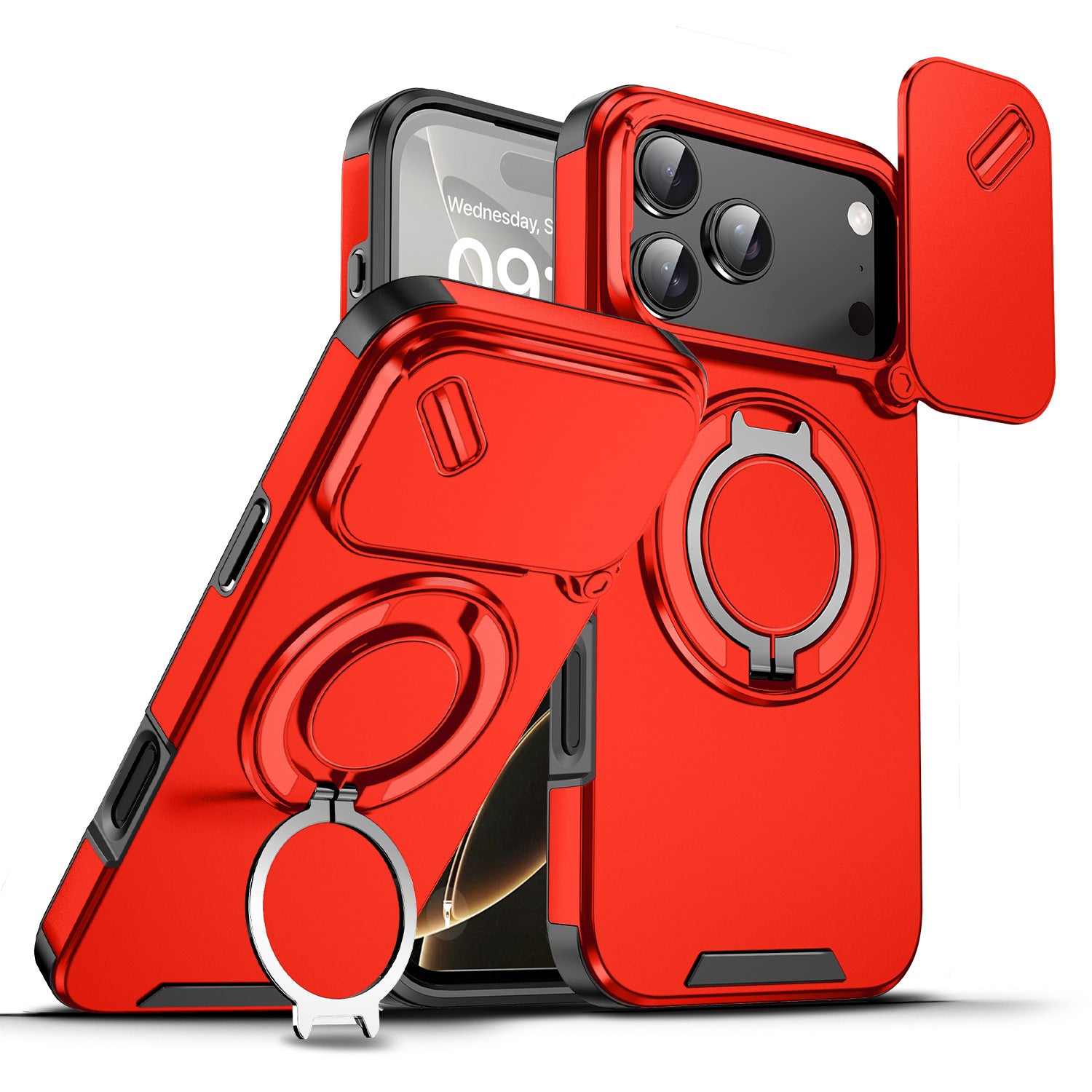 Navy Blue Armor Phone Case with Ring Stand, Sliding Camera Cover and Magnetic Kickstand, Heavy Duty Shockproof Protection