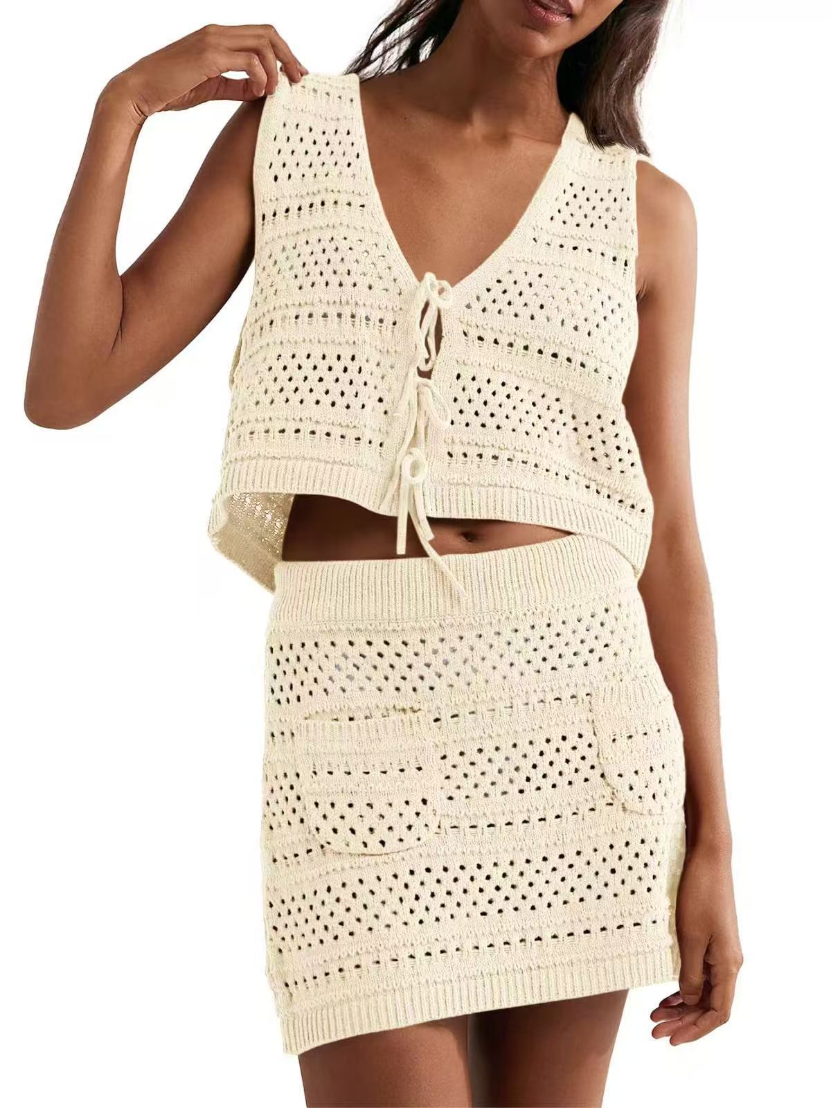 Crochet Hollow Out Mini Dress Women | V-Neck Tie Front Knit Beach Cover Up Dress