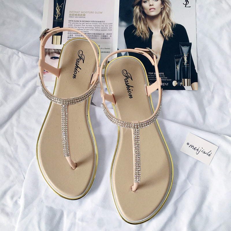 Rhinestone Crystal T-Strap Thong Flat Sandals | White Black Pink Diamante Ankle Strap Beach Sandals for Women